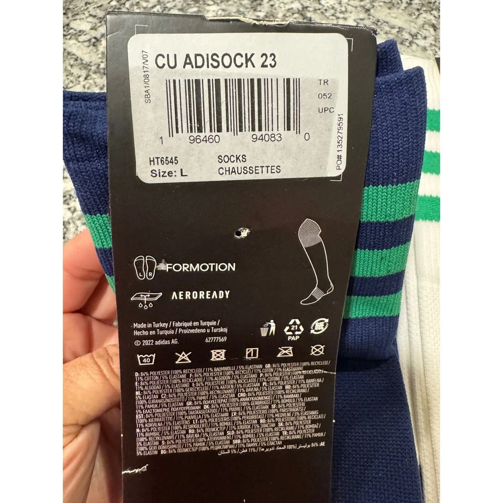 Adidas CU Adisock 23 Football Socks Mens Large White Navy Blue Green 2 Pair Pack